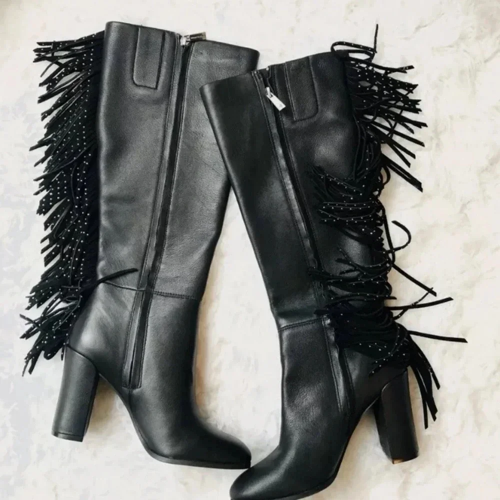 Kenneth Cole Knee High Justin Studded Fringe Boots Black REAL Leather, Sz 9.5NIB
